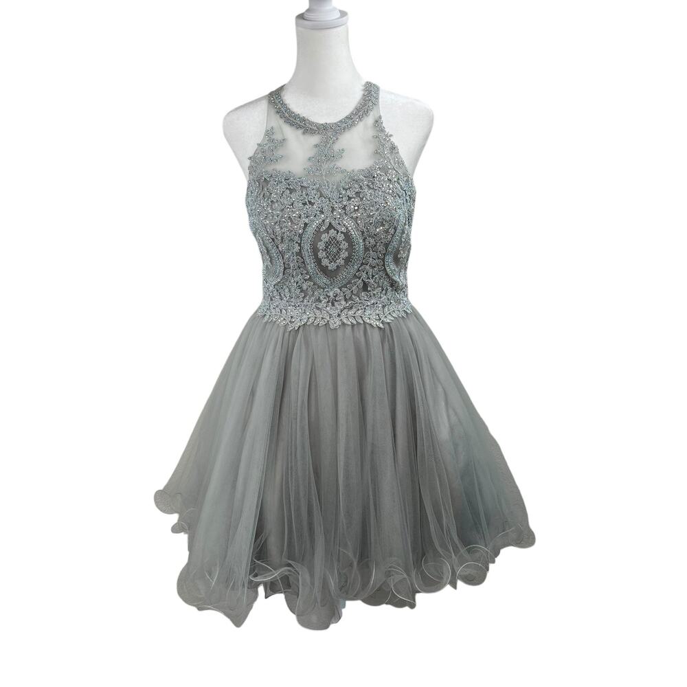 For You Dress Silver Gray Sequin Mini M Fits XS/S Strappy Back Tulle Homecoming